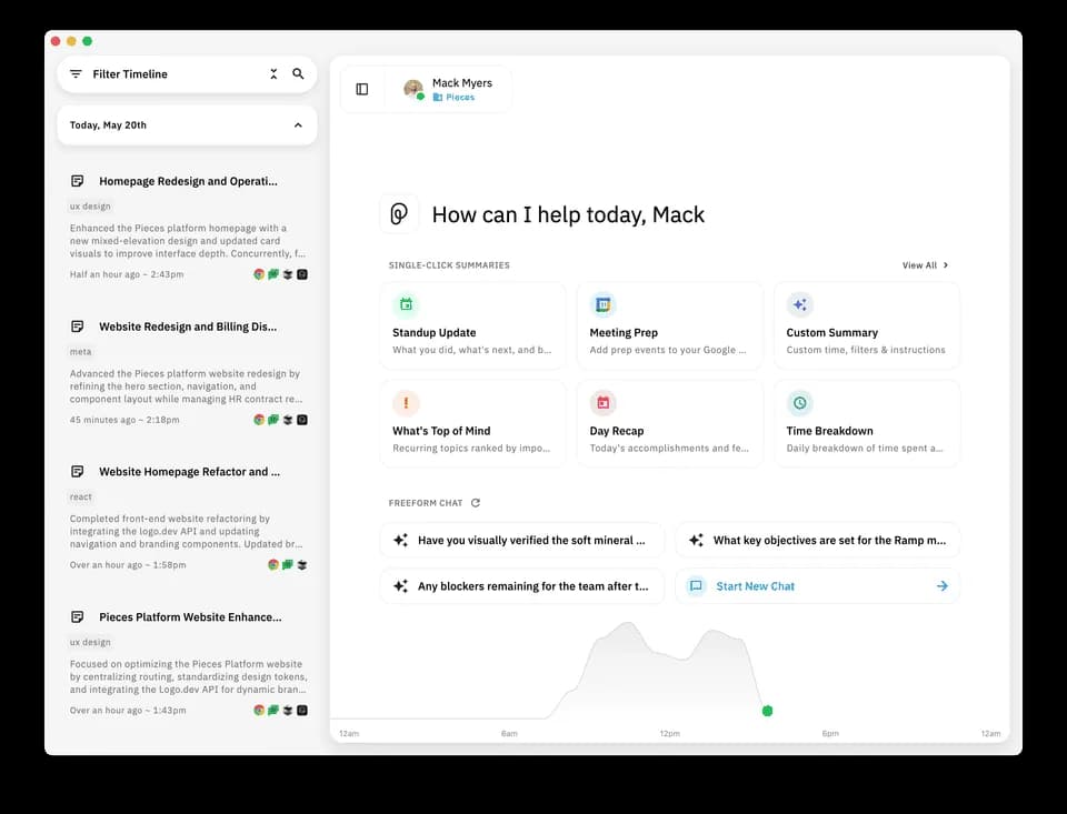 Official Pieces Desktop product screenshot showing the timeline