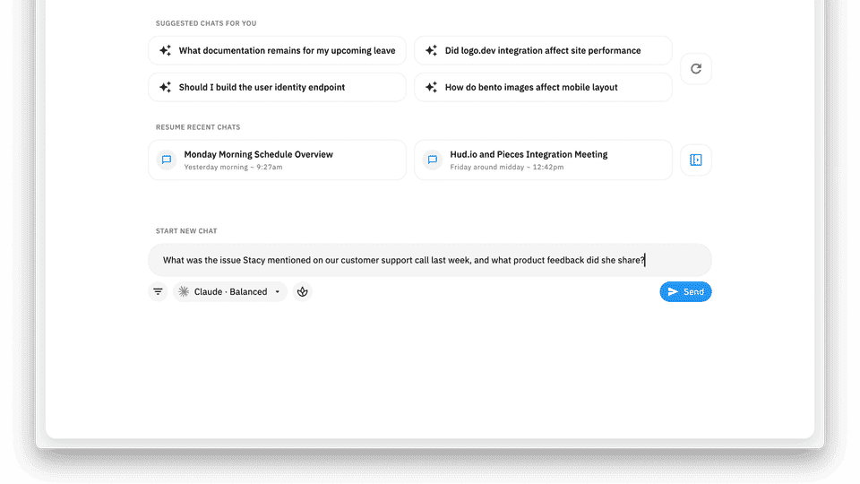 Pieces Desktop search interface from the official product website