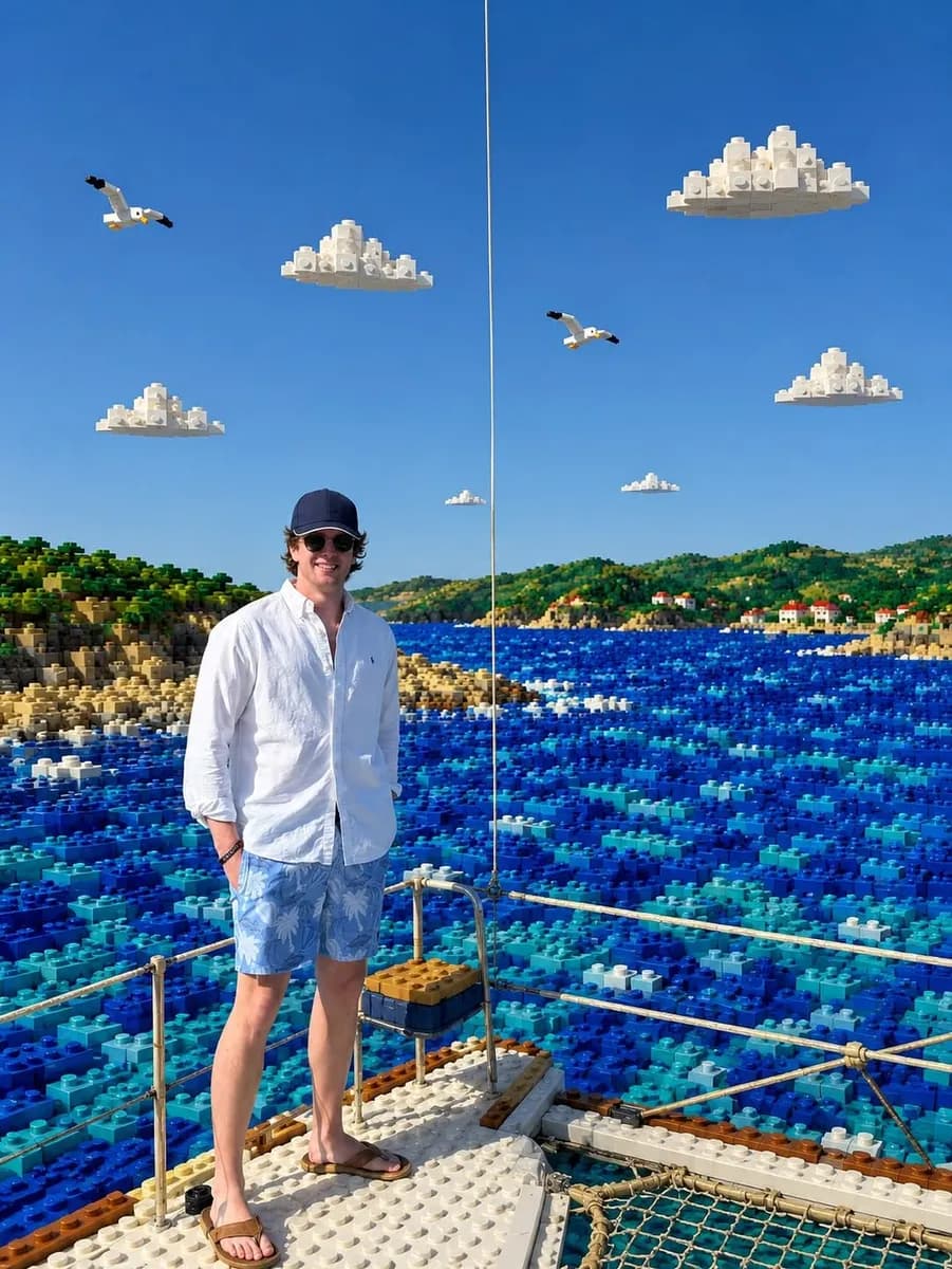 Andy on a boat, edited into a LEGO world